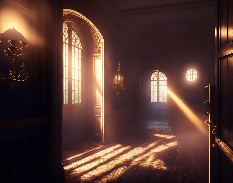 Classical decor room with sunset light streaming through large windows