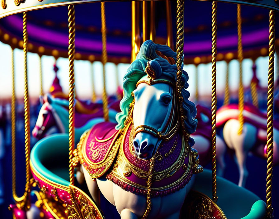 Vibrant carousel horse with intricate designs in warm light