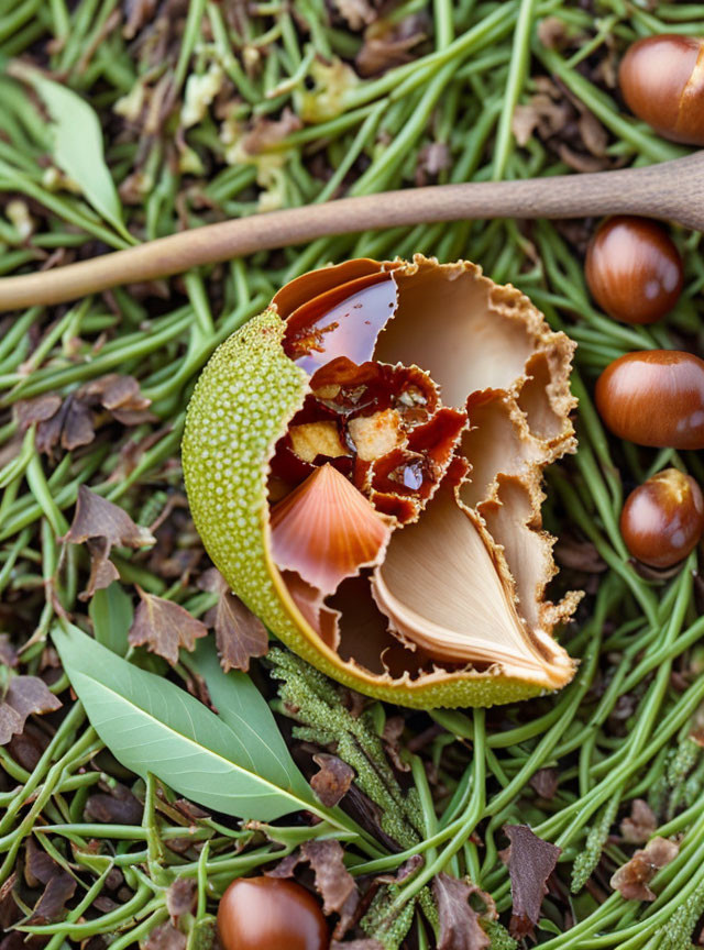 Cracked acorn with intricate patterns among green leaves