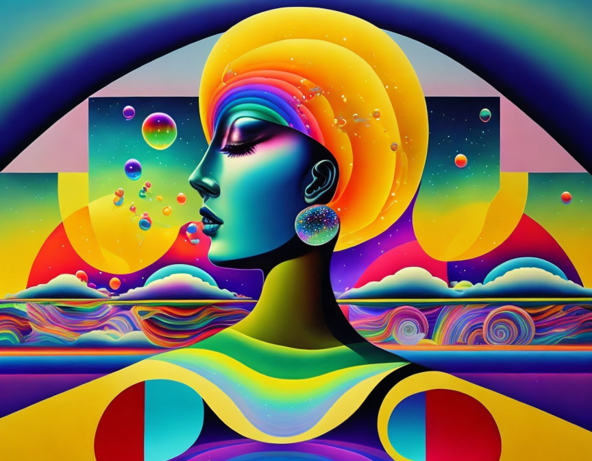 Colorful Psychedelic Portrait of Woman with Space-themed Backdrop