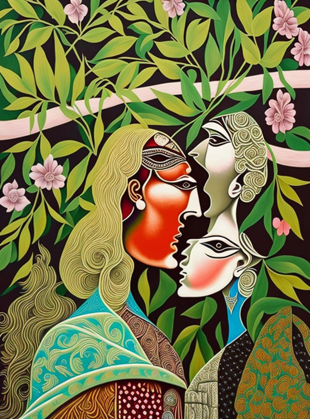 Vibrant painting: Two profiles in lush floral setting