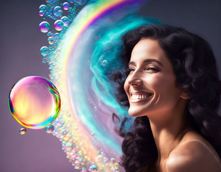 Curly-Haired Woman Smiling with Colorful Soap Bubbles on Purple Background