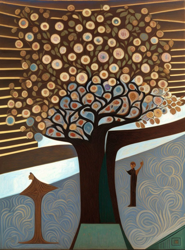 Stylized painting of two trees with swirling branches and figures against a patterned background