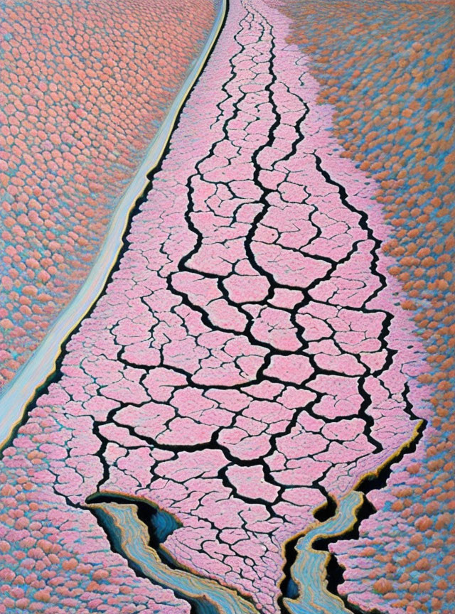 Cracked pink salt flat with blue stream and textured terrain