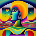 Colorful Psychedelic Portrait of Woman with Space-themed Backdrop