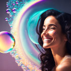 Curly-Haired Woman Smiling with Colorful Soap Bubbles on Purple Background