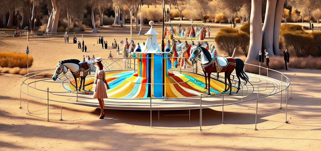 Colorful Carousel with Horses in Desert Setting