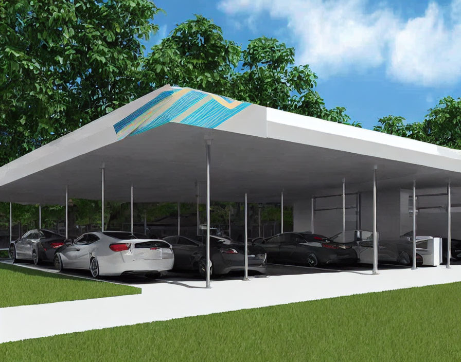 White and Blue Roof Carport for Multiple Cars