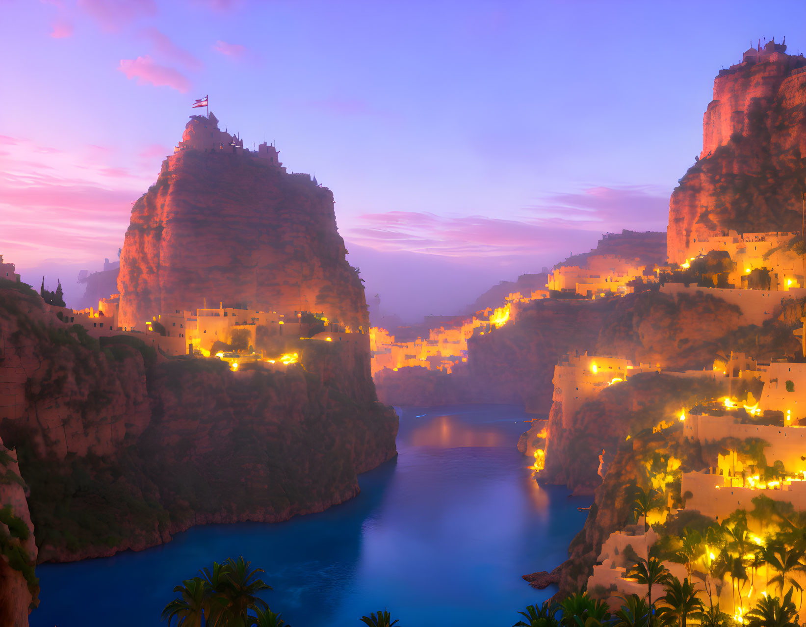 Coastal village at twilight with illuminated buildings on steep cliffs