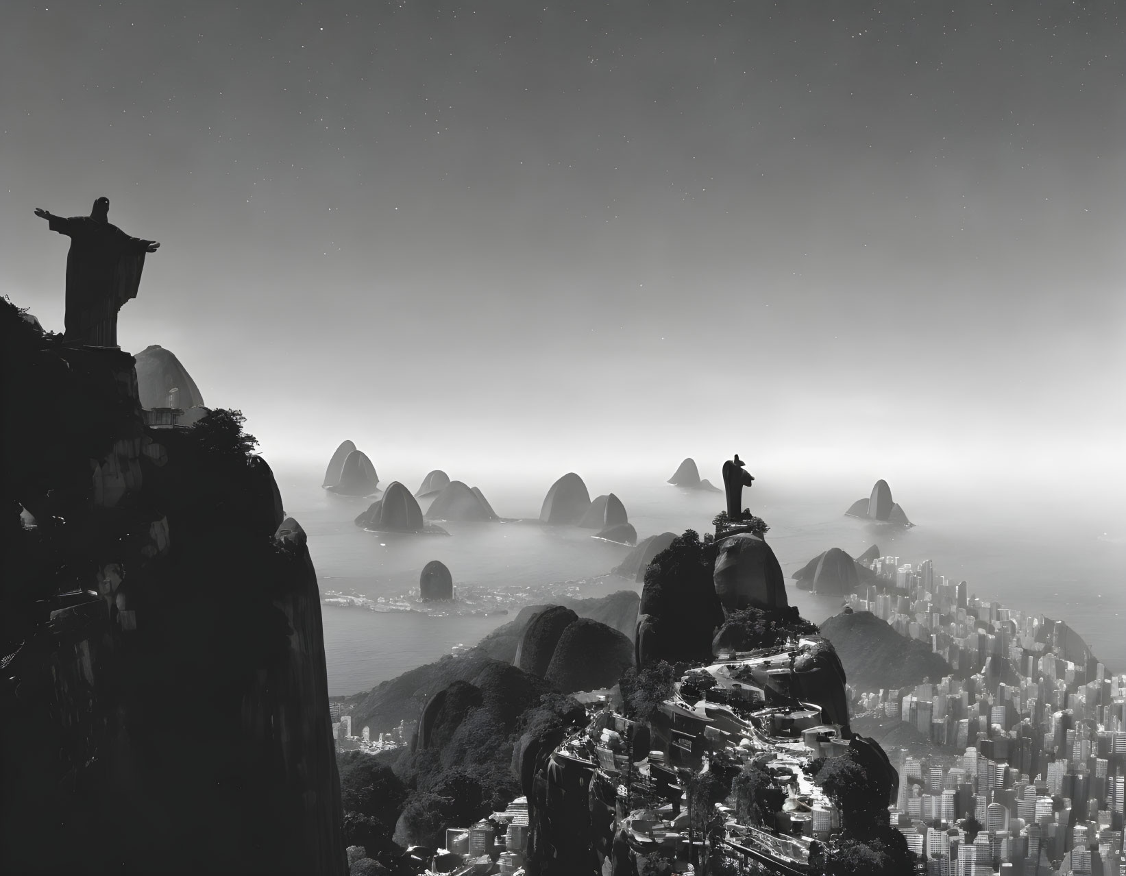 Monochrome image: Statues on peaks, cityscape, mountains, hazy sky