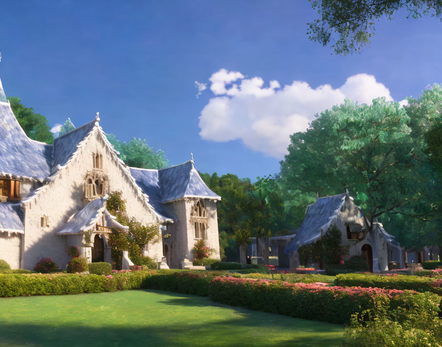 Tranquil fairy tale village with thatched-roof cottages