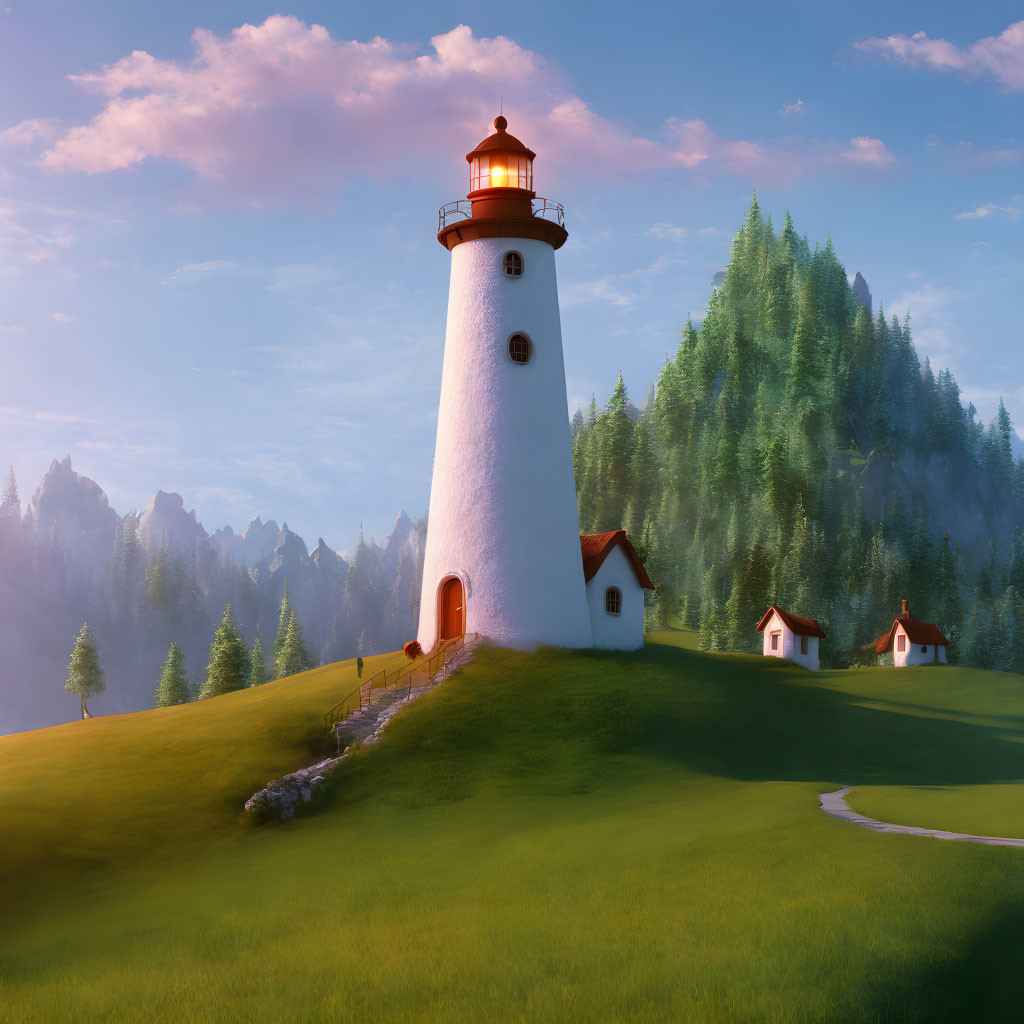 White Lighthouse with Red Top in Serene Landscape