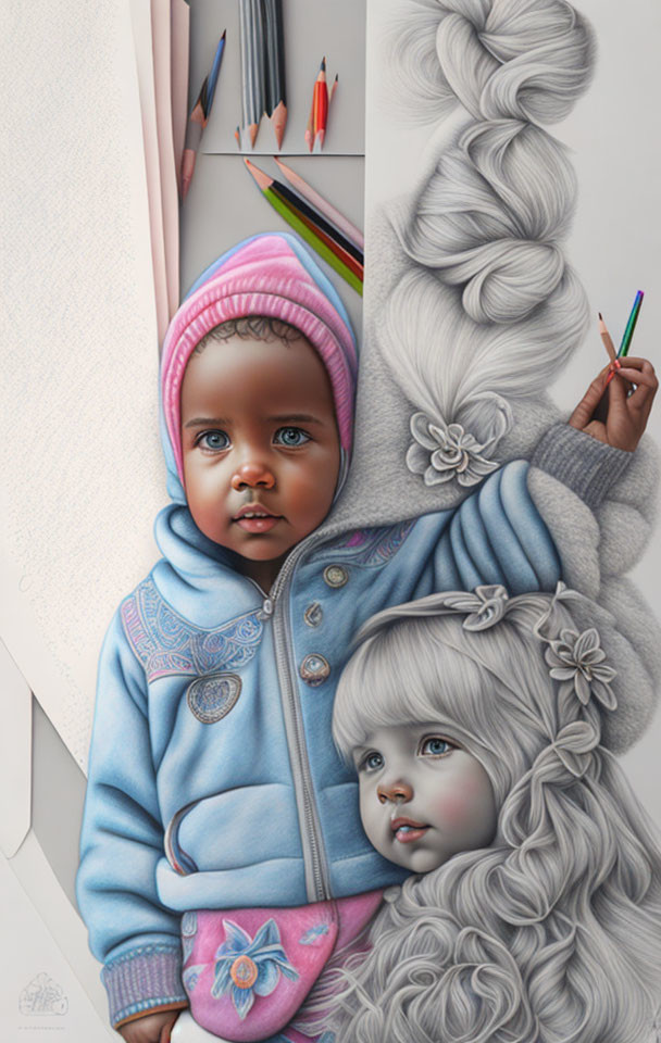 Hyper-realistic drawing of baby with blue eyes and child with braided hair holding colored pencils