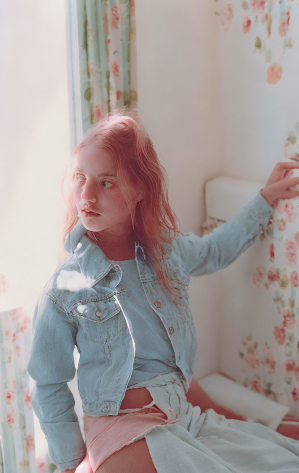 Young girl with reddish hair in denim jacket by floral curtain window