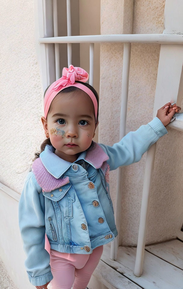 Toddler in pink bow headband and denim jacket by white railing