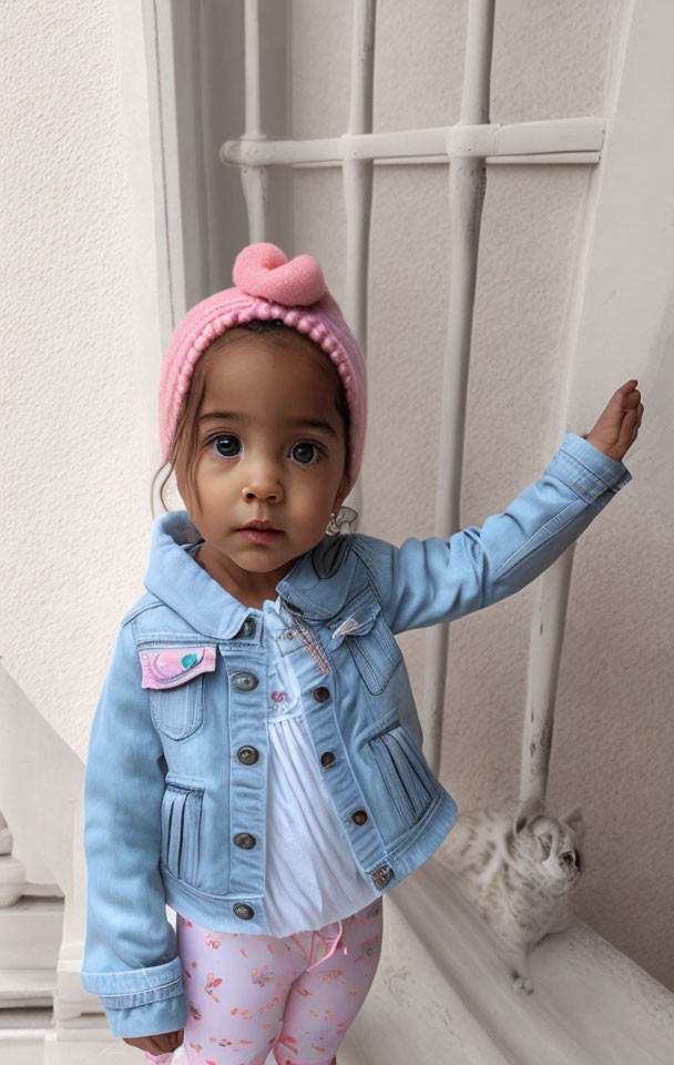 Child in pink beanie and denim jacket on staircase with small dog