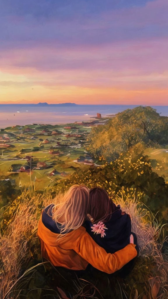 Embrace on Hill at Sunset Overlooking Sea Village