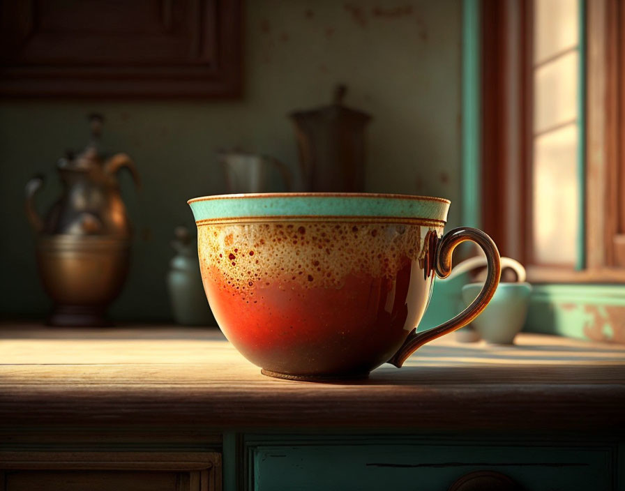 Cozy sunlit kitchen with frothy coffee on wooden table