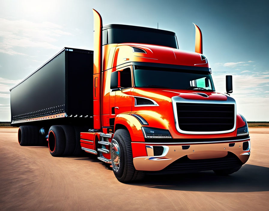 Colorful semi-truck with cargo trailer under blue sky on flat tarmac