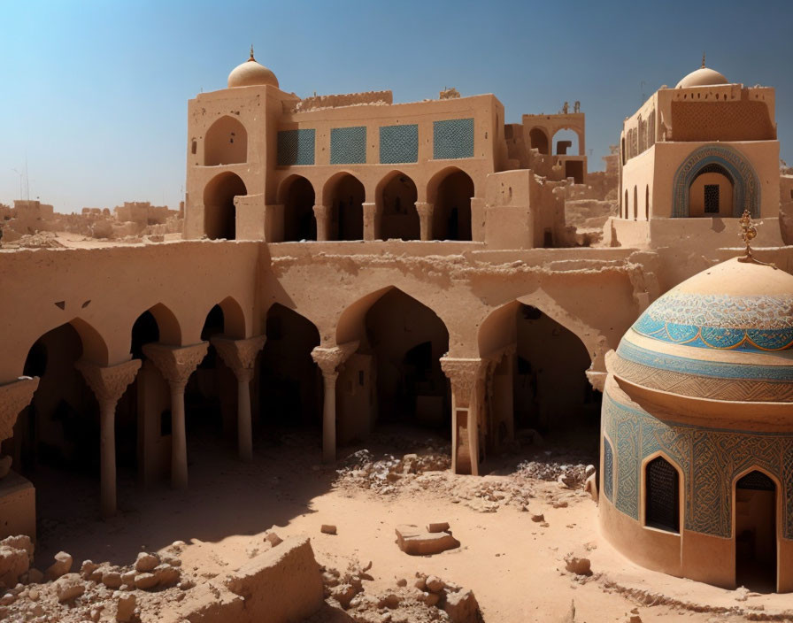 Fortified clay structure with blue-patterned dome and arched entrances