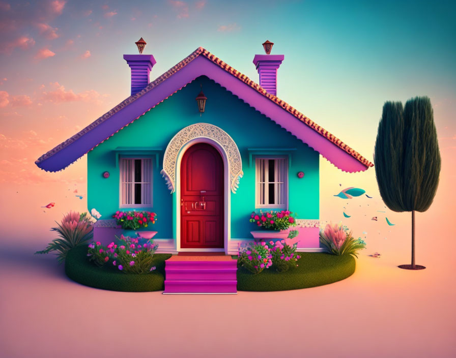 Colorful whimsical blue house with pink trimmings in surreal sunset scene