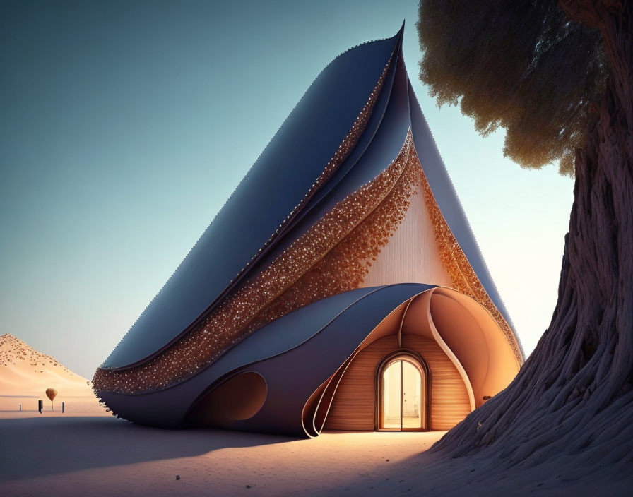 Futuristic wavy building in desert with illuminated dots and lone tree.