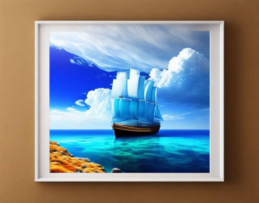 Surreal framed artwork: Ship with bright blue sails on clear water