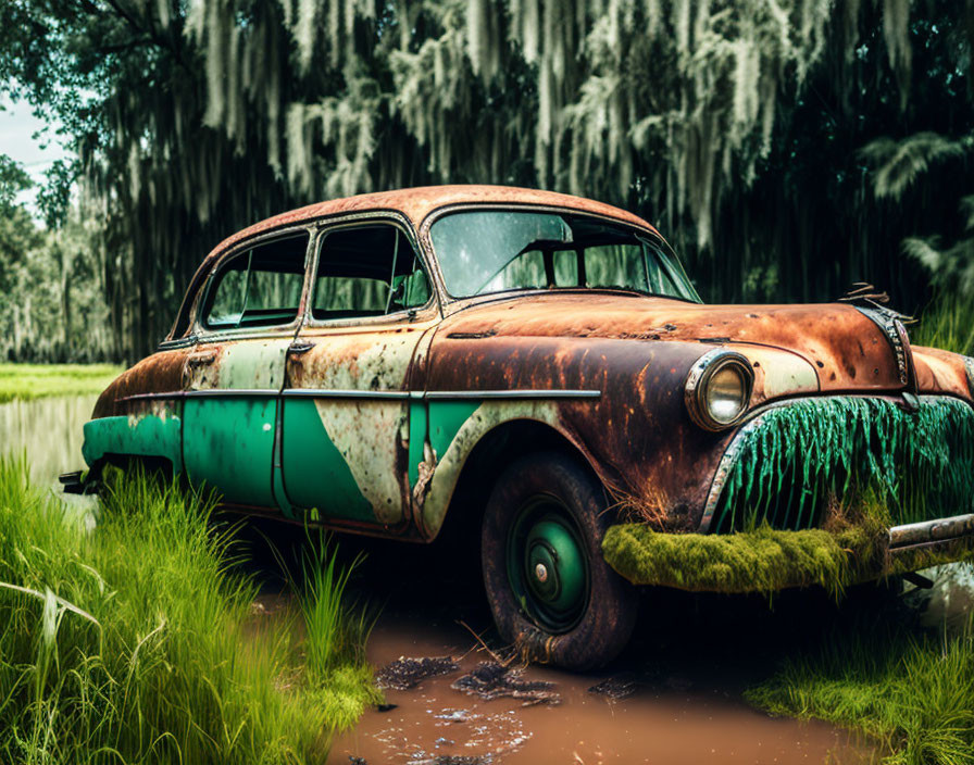 Rusted turquoise car in lush green forest with hanging moss