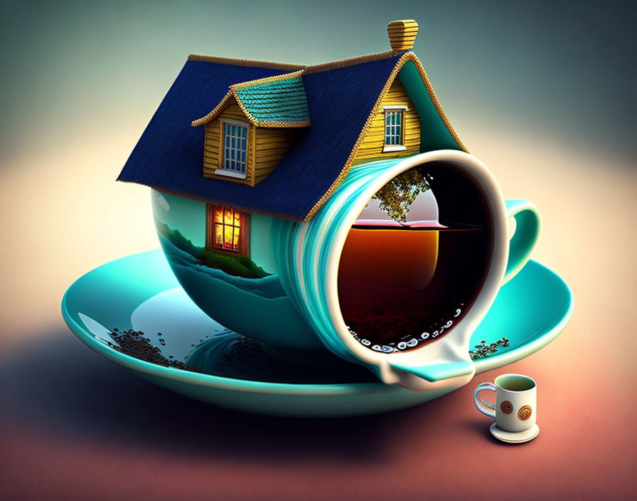 Whimsical illustration of small house on oversized coffee cup