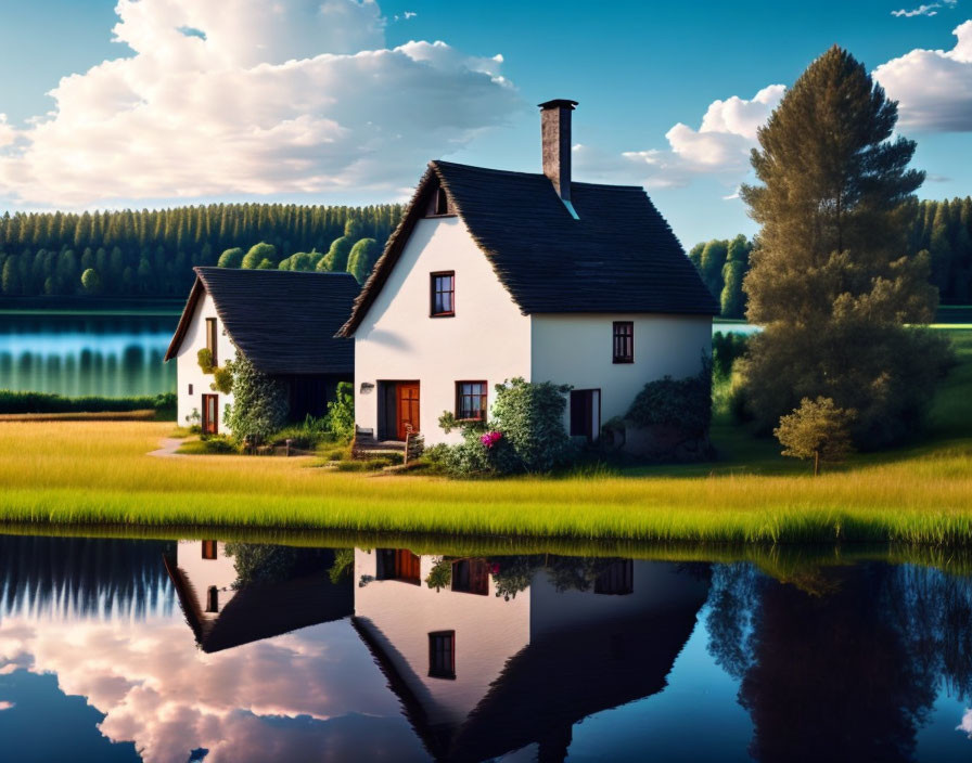 White House with Dark Roof Reflecting in Serene Lake