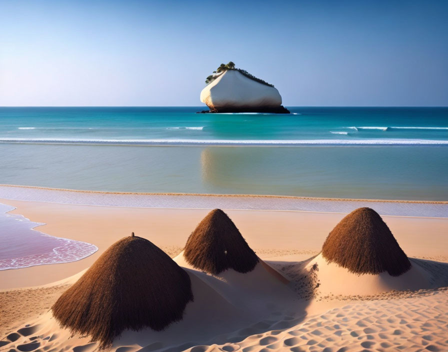 Sandy beach scene with four straw umbrellas