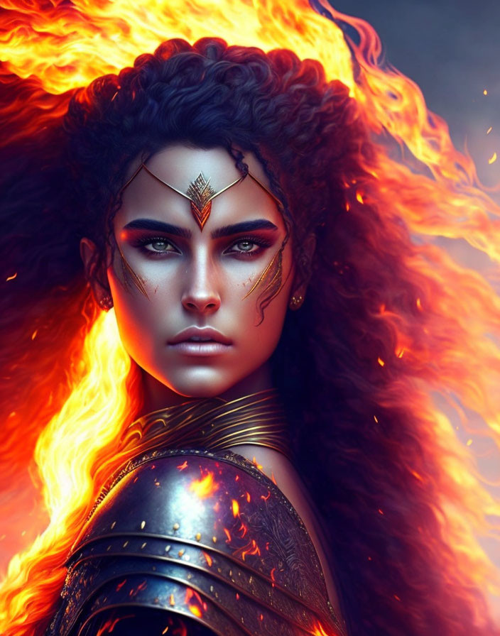 Female warrior with blue eyes, gold armor, and fiery red hair against dark backdrop