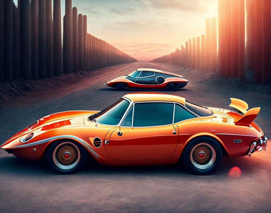 Vintage orange sports cars on road with futuristic cityscape in warm sunset-lit background