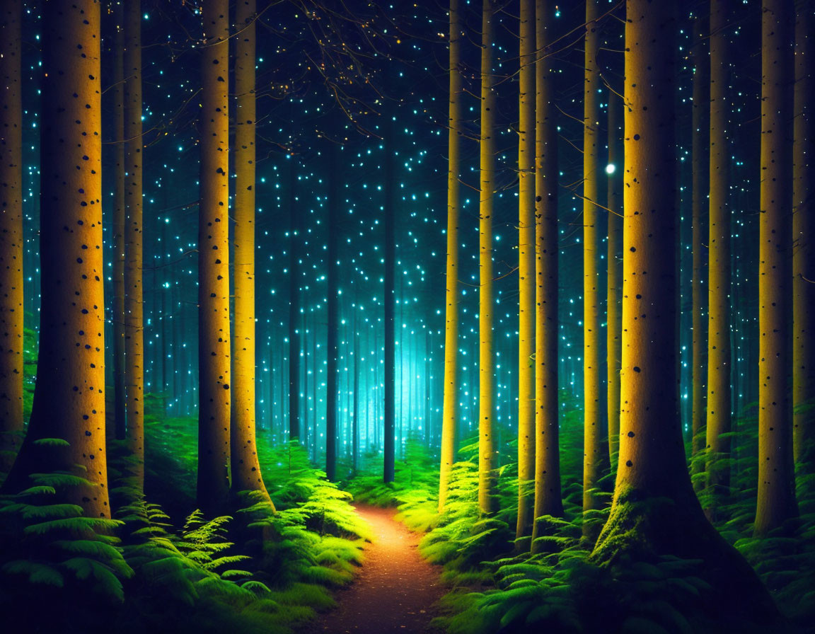 Enchanted forest path with tall trees and ethereal blue light