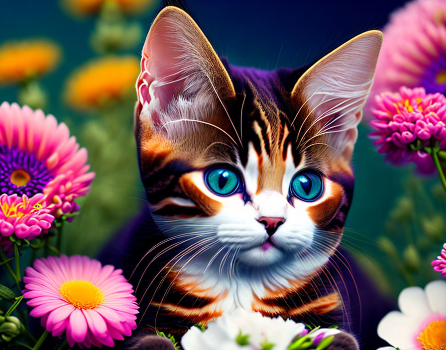 Detailed Cat Illustration with Blue Eyes and Colorful Stripes