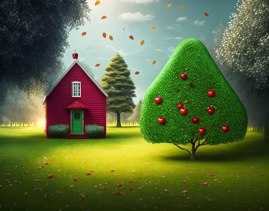 Whimsical small red house with green door in lush meadow