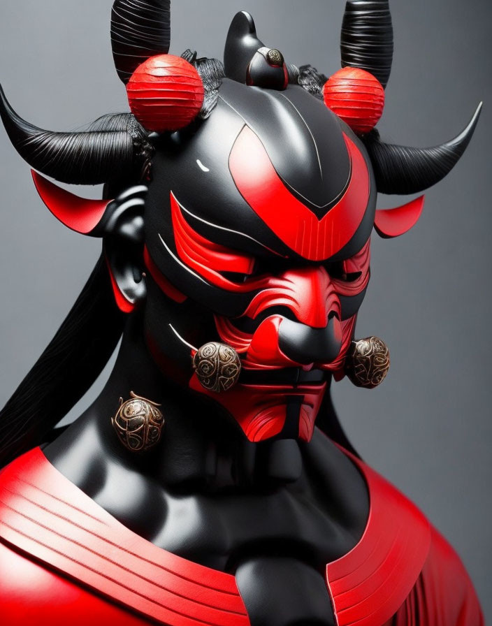 Detailed Red and Black Samurai Figure with Horned Helmet on Grey Background