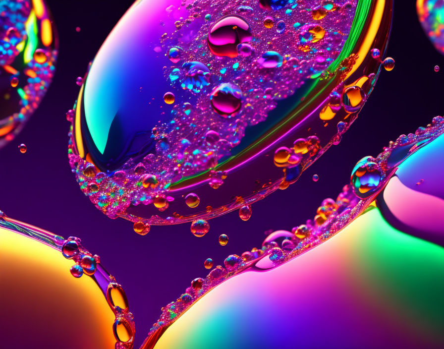 Iridescent droplets and bubbles on vibrant liquid surface