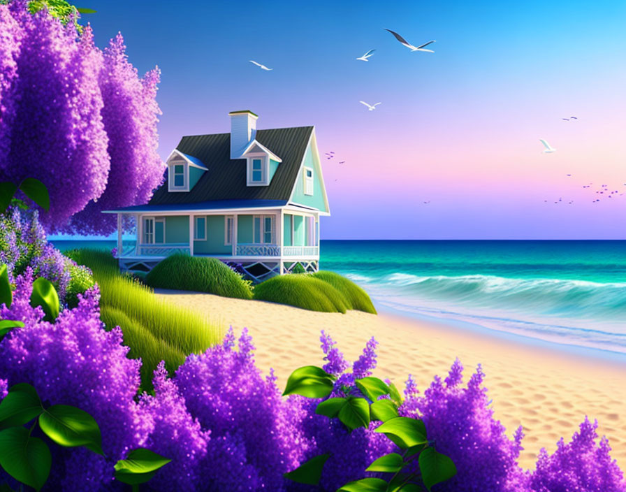 Seaside cottage with purple flowers and pastel sky