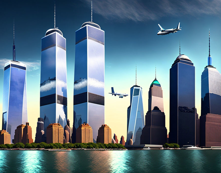 Digital artwork: New York City skyline with Twin Towers, plane, and water reflections