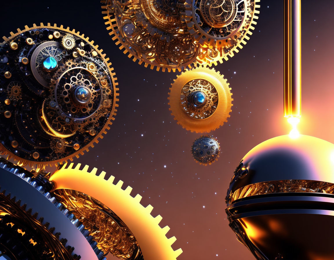 Golden steampunk gears and cogs in deep space setting