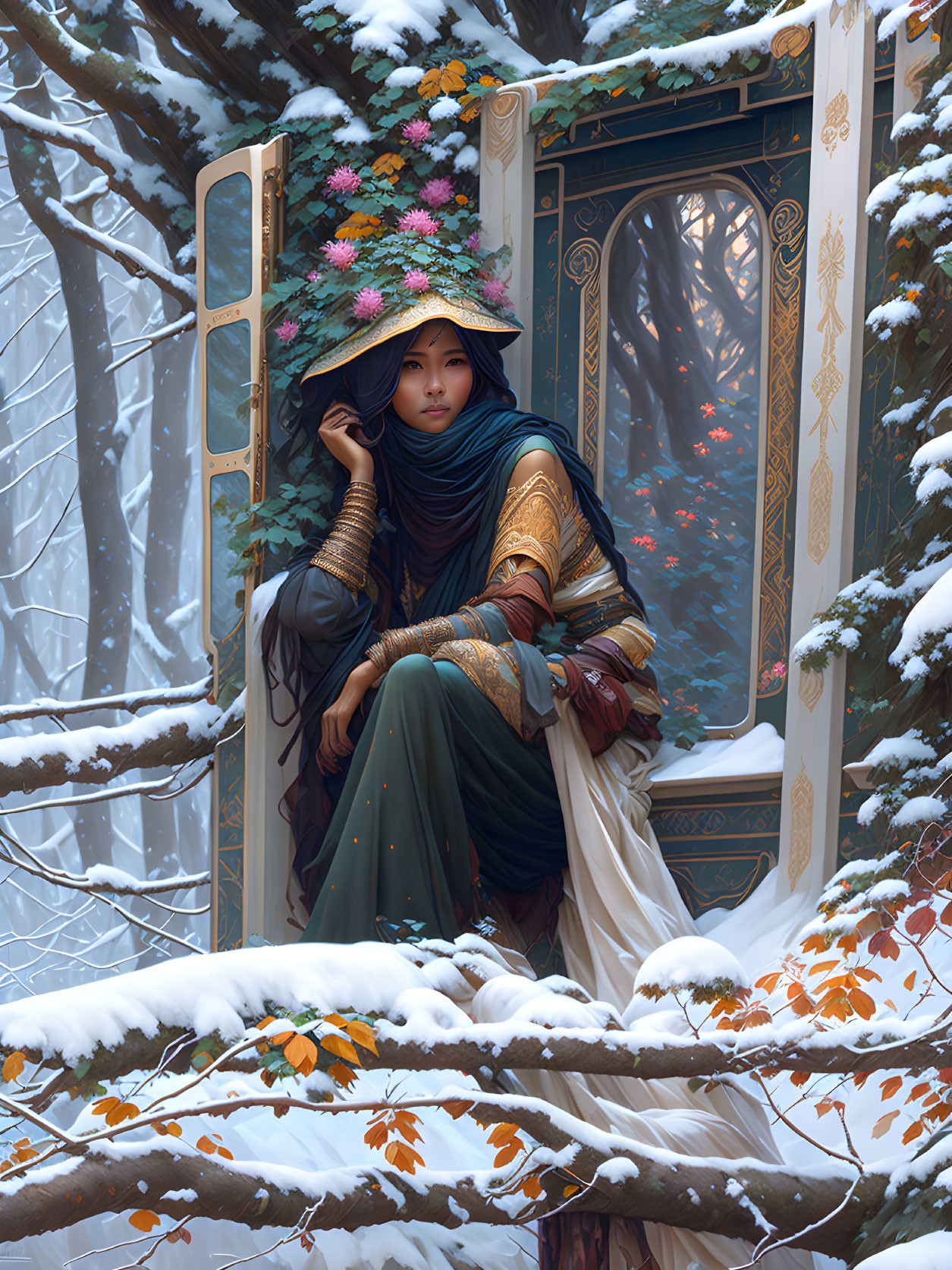 Woman in floral hat sits in ornate doorway amidst snowy forest