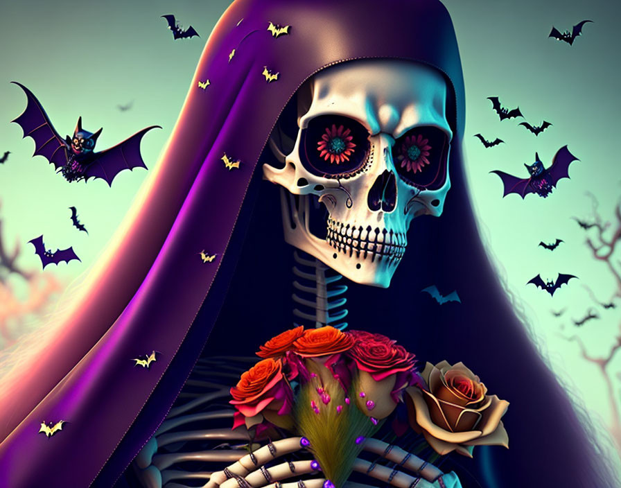 Stylized skeleton in purple cloak with Dia de los Muertos face paint, holding roses, surrounded