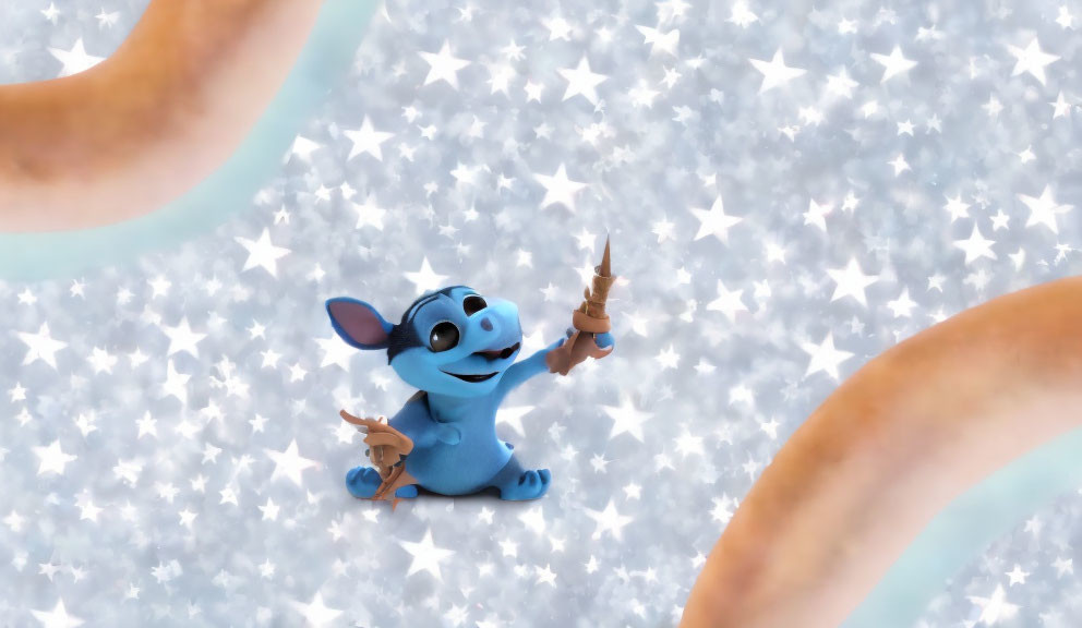 Blue animated character with large ears holding spaceship model against starry background.