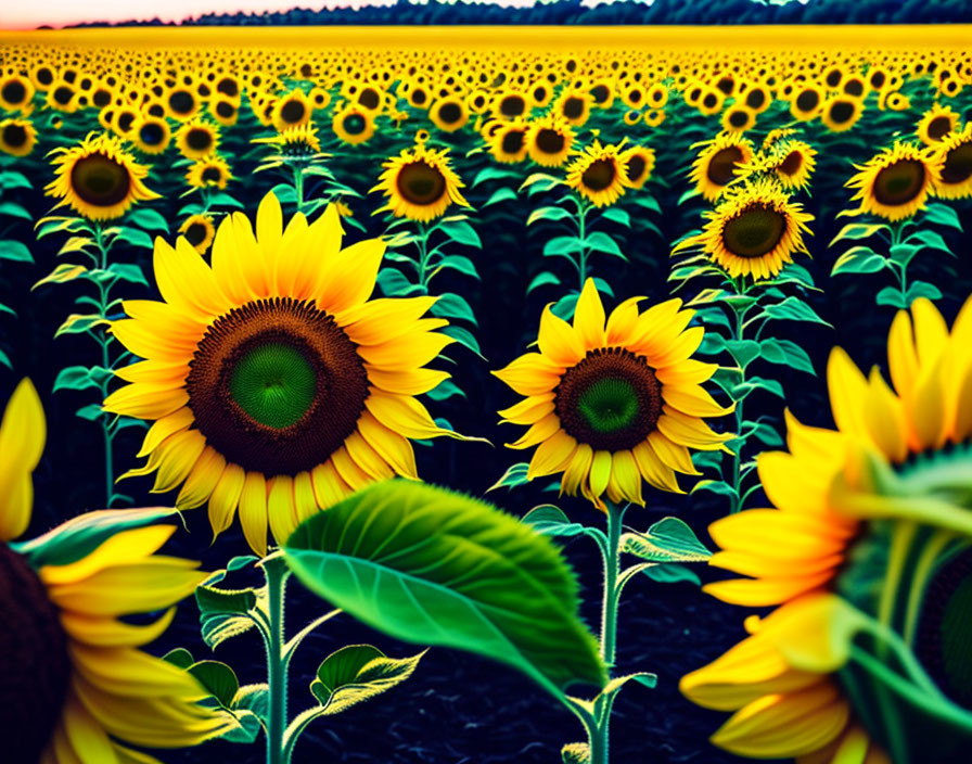 Sunflowers Field in Full Bloom with Sunset Sky