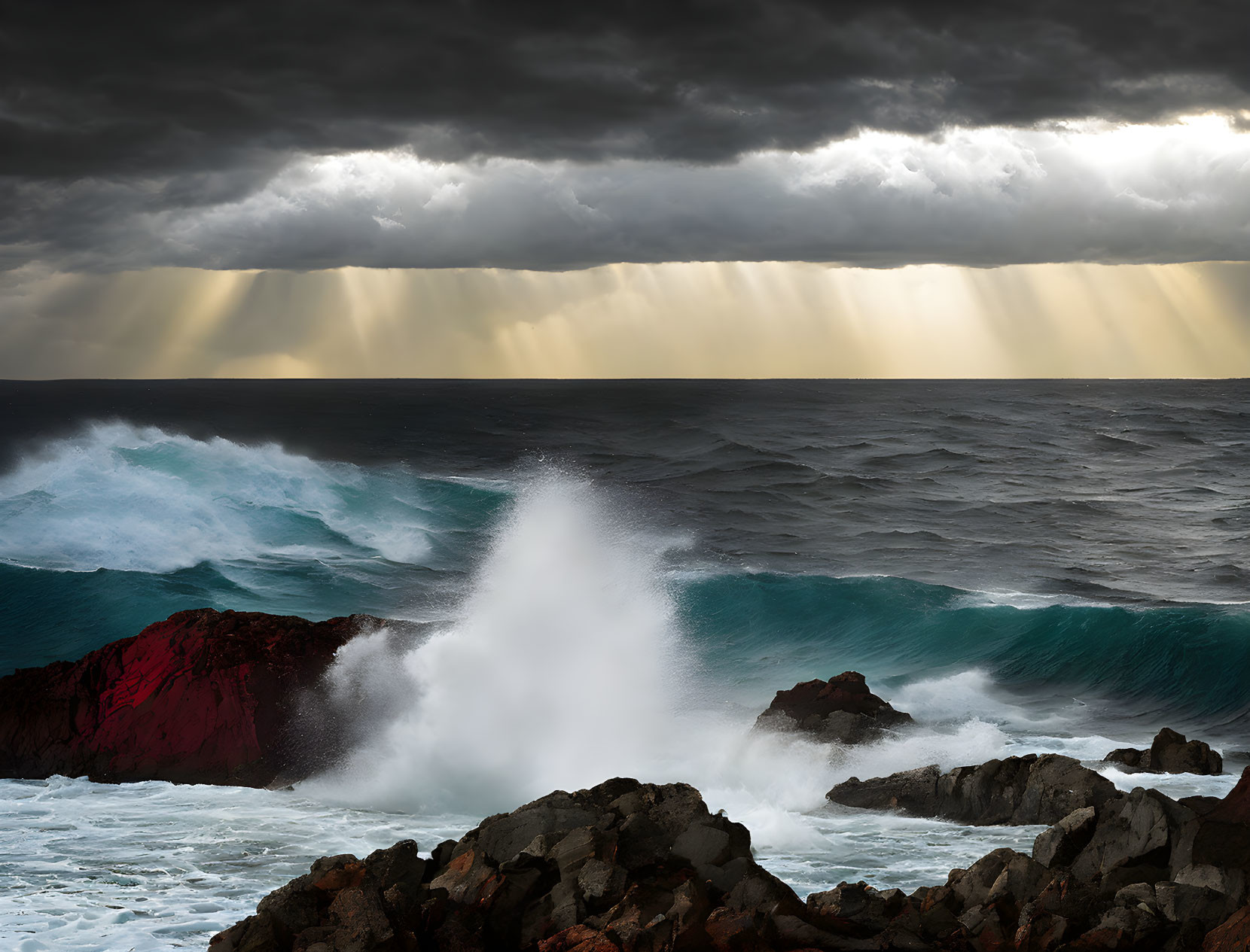 Dramatic seascape with sunlight piercing dark clouds