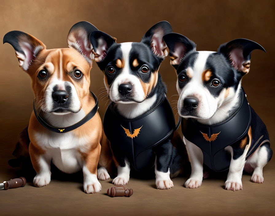 Three Corgi puppies in superhero costumes on tan background.