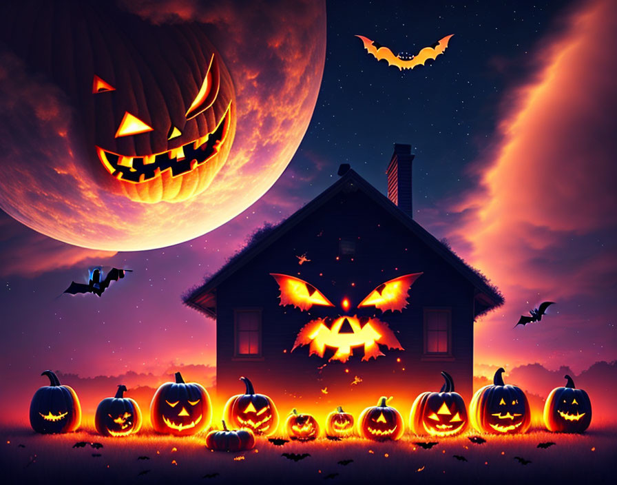 Eerie Halloween scene with jack-o'-lanterns, glowing house, bats, and pumpkin moon