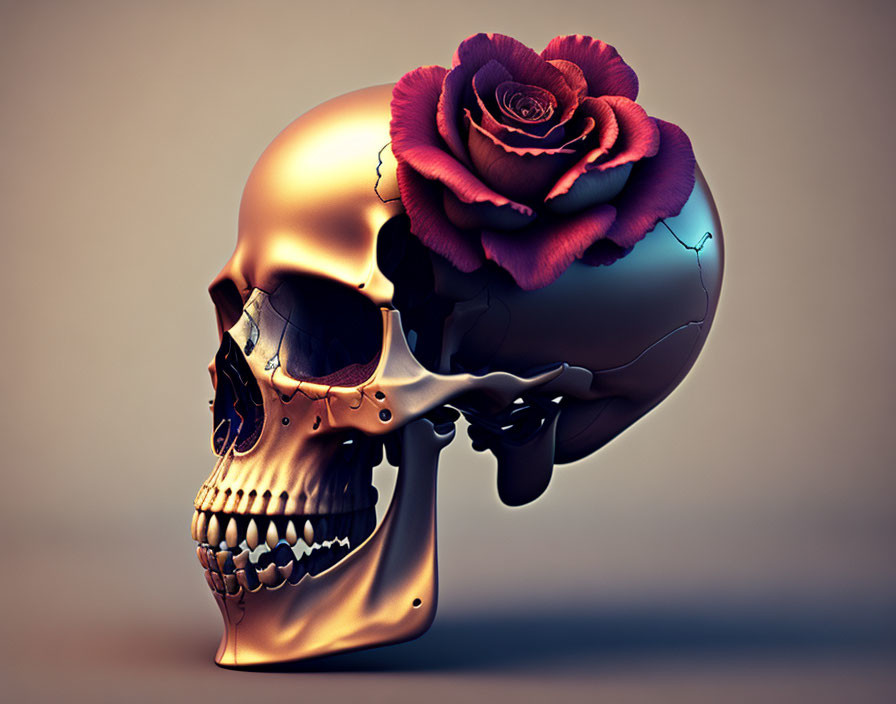 Golden human skull with red rose - muted background