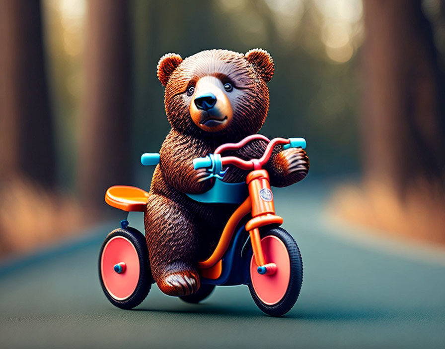 Anthropomorphic bear on colorful bicycle in forest scene